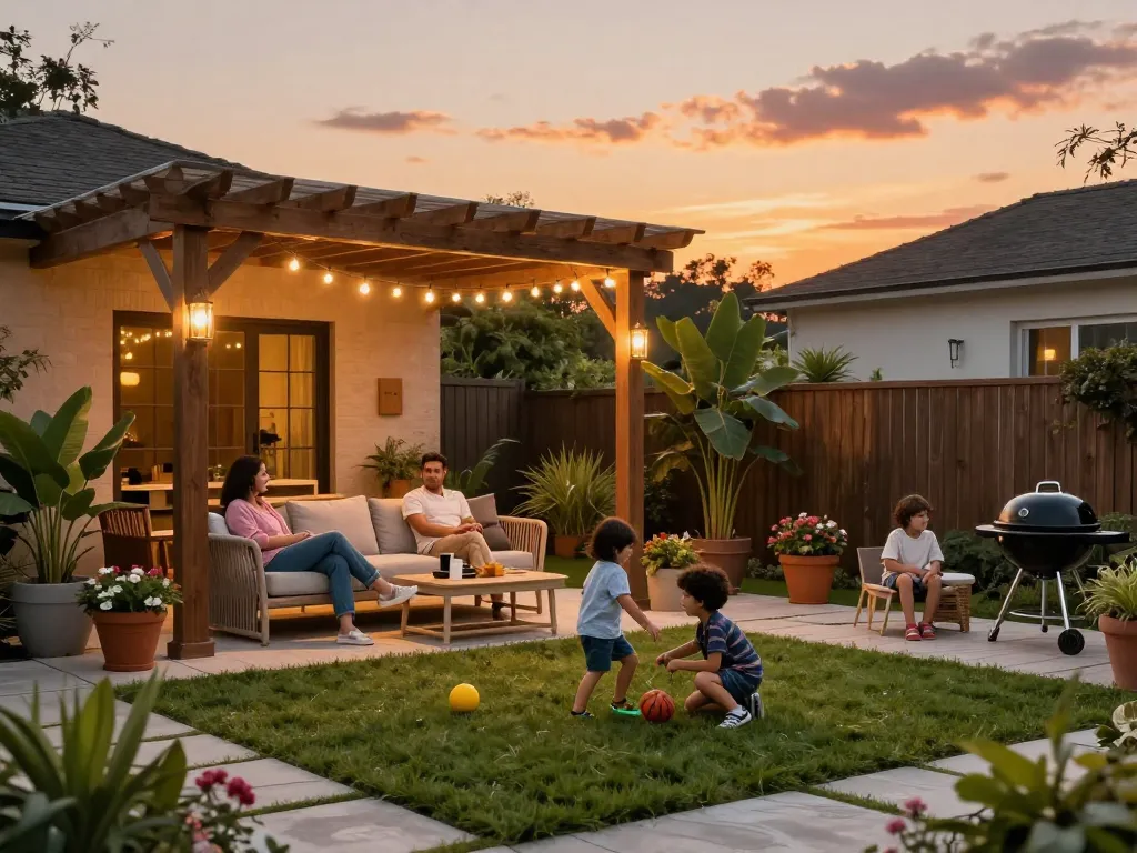 A family enjoying time under a software configuratore pergole designed pergola in a vibrant backyard.