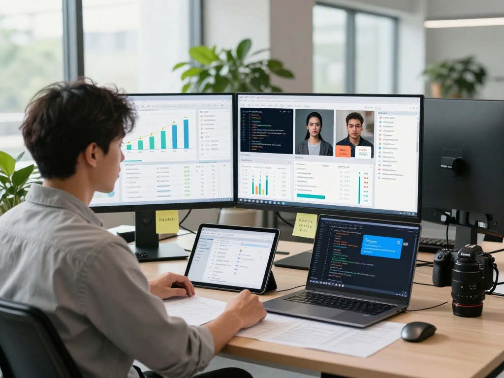 AI detector analytics workspace with analyst monitoring flagged images and data in modern office.