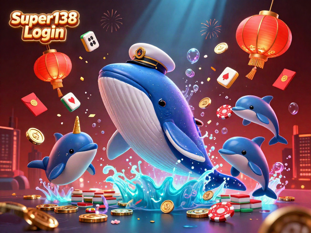 Engage in vibrant gaming fun with Super138 Login featuring a whale, narwhal, and dolphins playing casino-themed tricks.