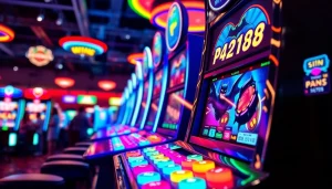 Mainkan batman138 slot dengan mesin slot yang cerah dan penuh warna di sebuah arcade yang energik.