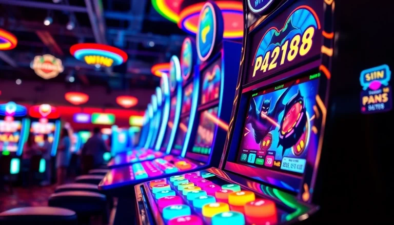Mainkan batman138 slot dengan mesin slot yang cerah dan penuh warna di sebuah arcade yang energik.