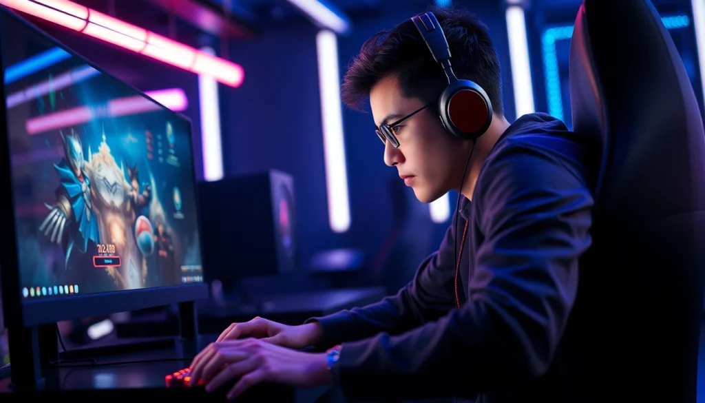 Menampilkan pemain yang serius saat memainkan bolahiu game dengan setup gaming yang canggih.