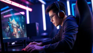 Menampilkan pemain yang serius saat memainkan bolahiu game dengan setup gaming yang canggih.