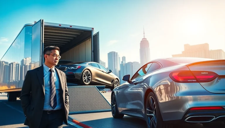 Streamlined car transport service at https://luxuryautocarriers.com featuring luxury vehicles and a city skyline.