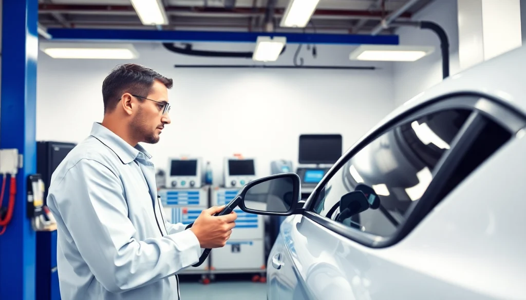 California Smog Check technician examining vehicle emissions test readings in a clean environment.