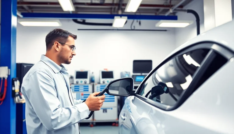 California Smog Check technician examining vehicle emissions test readings in a clean environment.