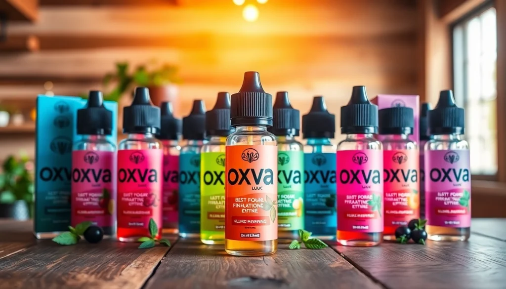 Oxva Liquid Flaschen in bunten Geschmacksrichtungen auf rustikalem Holz, das einladend wirkt.