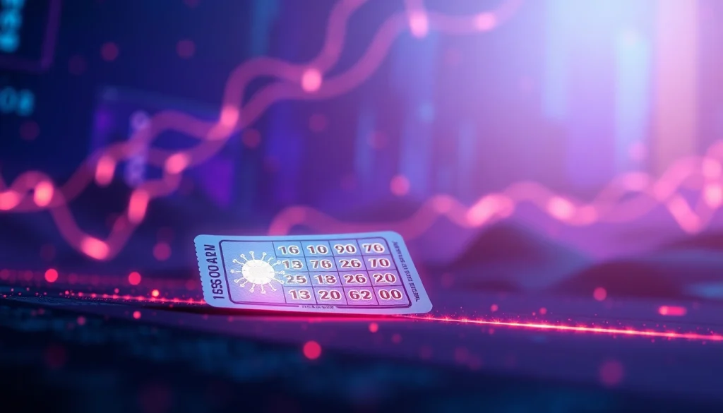 Menarik perhatian dengan virus4d melalui visual tiket lotere futuristik yang bercahaya.