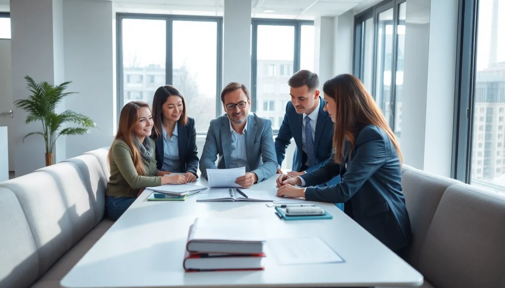 Engaging team at https://www.elitetranslingo.com discussing translation strategies in a bright office.