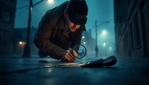 Detective examining a clue in a clean thriller setting, highlighting suspenseful urban intrigue.