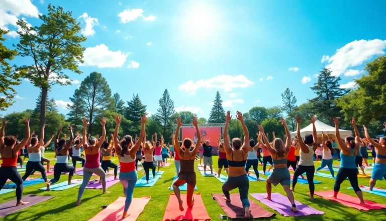 Participants practicing yoga festival poses in a vibrant outdoor community setting.
