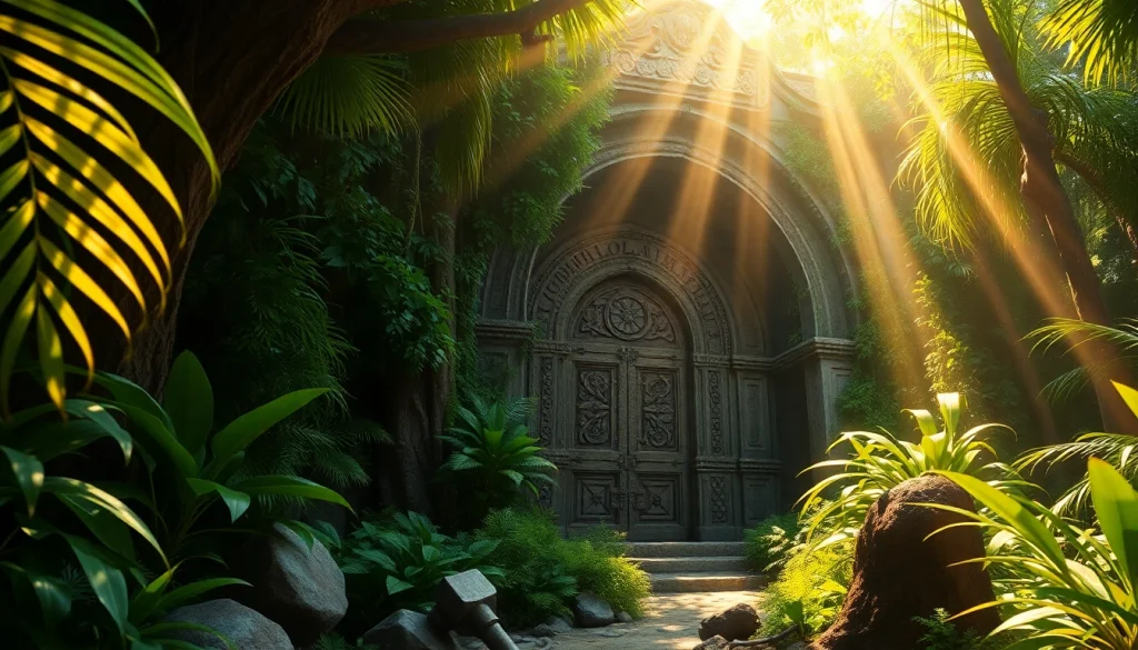 Unearth treasures in King Solomon's Mine, an ancient site depicted through lush jungle and sunlight.