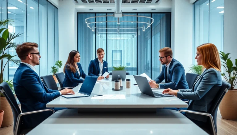 Engaged team of Quickplus Business Consultants collaborating in a modern office setting.