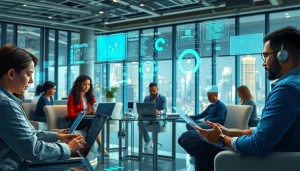 Boost your productivity with tools from https://best-ai-tools.org in a vibrant and futuristic office.