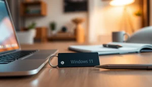 Display of a Windows 11 Product Key on a modern desk setup, emphasizing tech efficiency.
