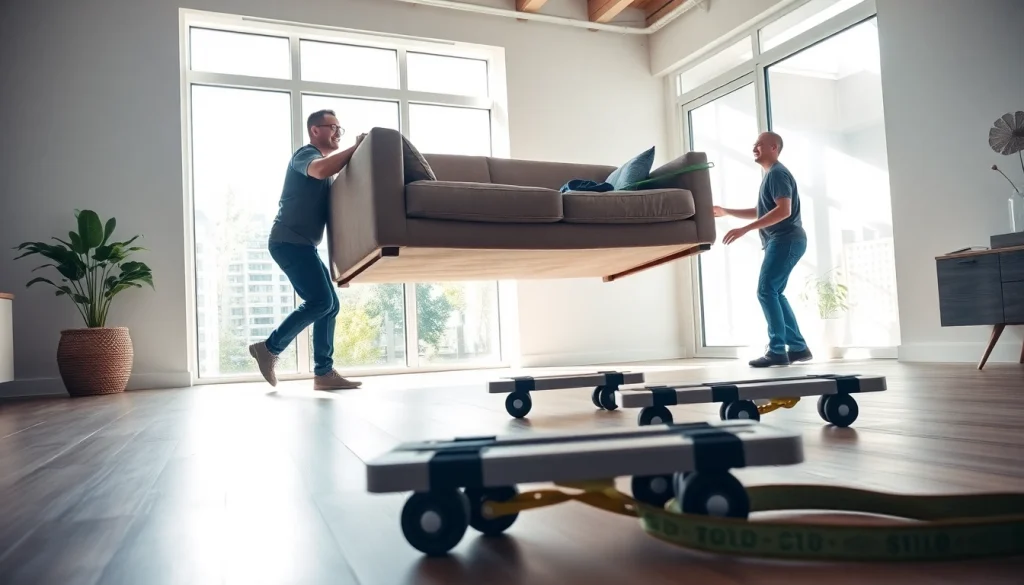 Efficient movers demonstrating Toronto moving services in a bright urban setting.