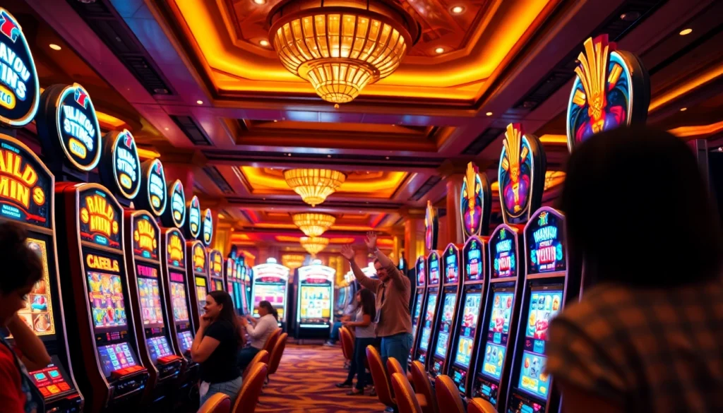 Main players enjoying bukti4d slot in a vibrant gaming environment with colorful machines.