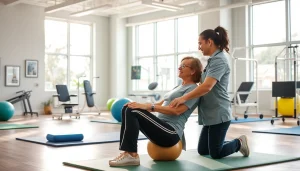 Health in Motion Rehabilitation therapist guiding a patient in a modern rehab facility.