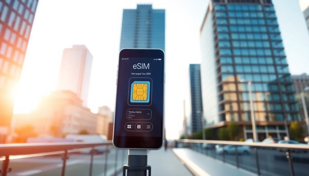 Explore the benefits of using eSIM technology on https://esimfo.com with a modern smartphone in an urban setting.