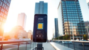 Explore the benefits of using eSIM technology on https://esimfo.com with a modern smartphone in an urban setting.