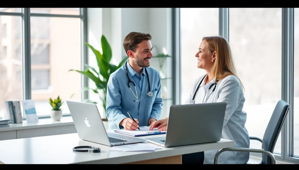 Consultation at https://www.medexdtc.com with healthcare provider and patient in modern clinic.