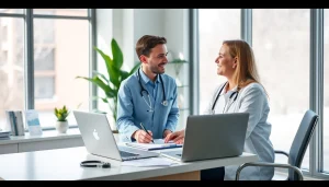 Consultation at https://www.medexdtc.com with healthcare provider and patient in modern clinic.