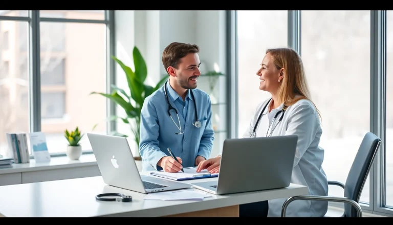 Consultation at https://www.medexdtc.com with healthcare provider and patient in modern clinic.
