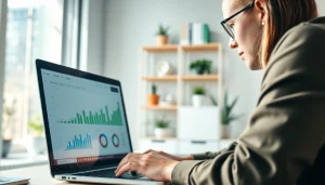 Engaged digital marketer analyzing metrics on https://presshackers.com in a bright office.