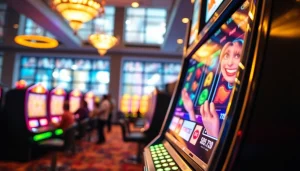 Slot machine menarik dengan simbol berwarna-warni di kasino yang cerah.