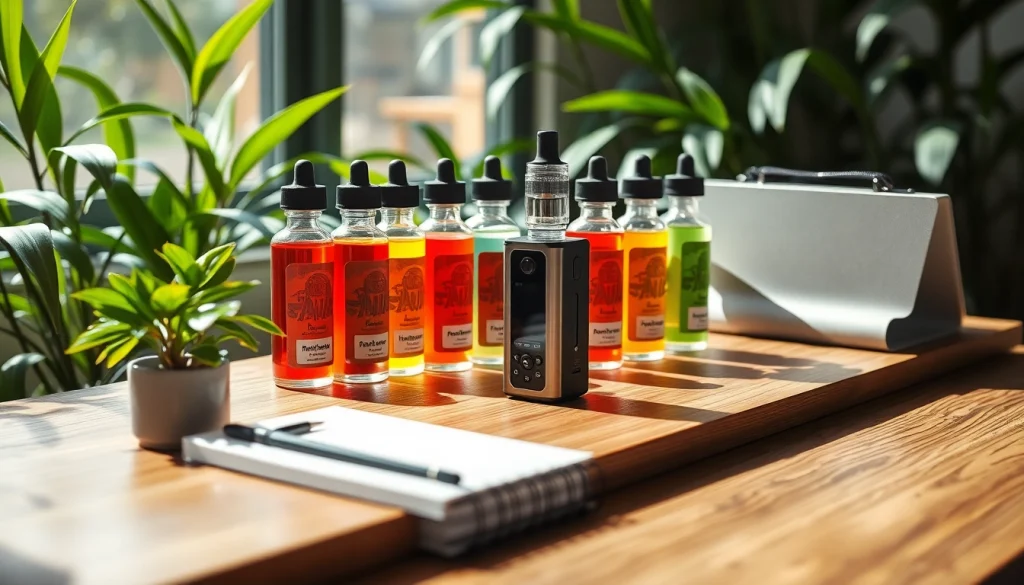 Vape-Ausrüstung auf einem eleganten Holztisch mit bunten Aromen.
