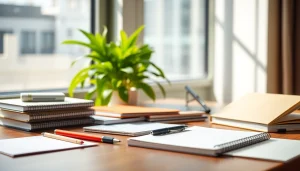 Showcase of various stationery items elegantly arranged on a wooden desk.