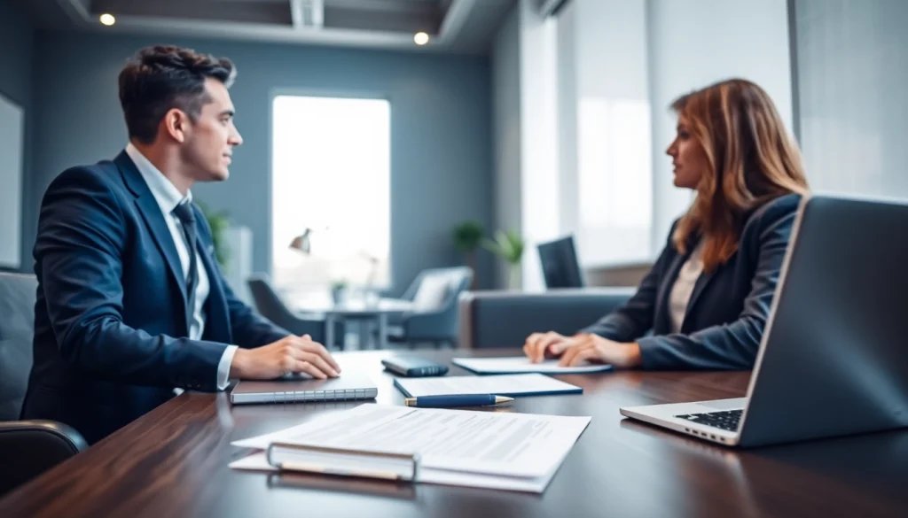 Client discussing lawsuit dilemmas with a lawyer at https://www.ihavealawsuit.com in a modern office