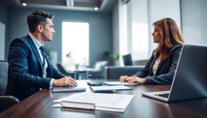 Client discussing lawsuit dilemmas with a lawyer at https://www.ihavealawsuit.com in a modern office