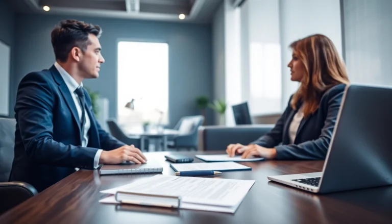 Client discussing lawsuit dilemmas with a lawyer at https://www.ihavealawsuit.com in a modern office