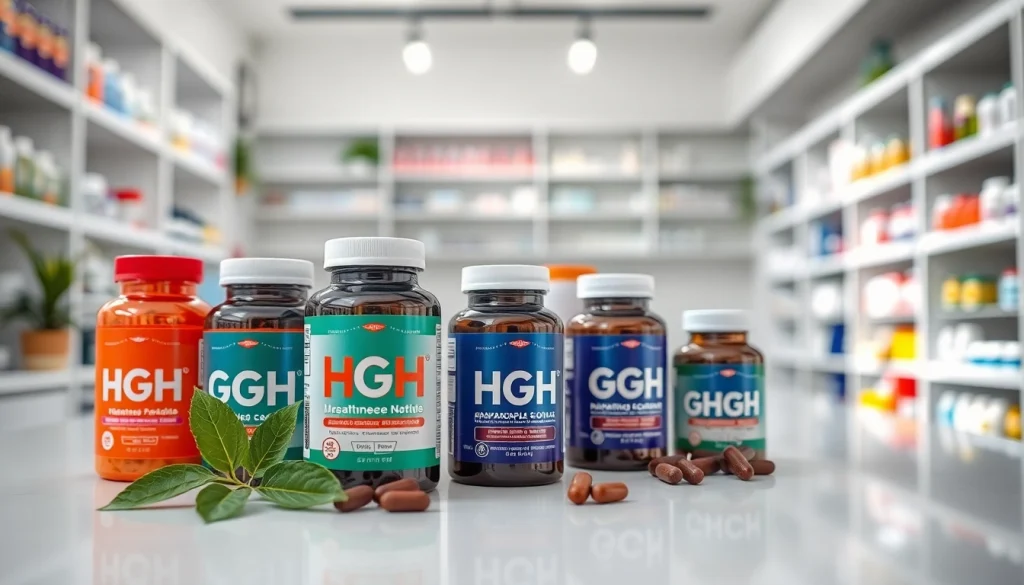 BUY HGH ONLINE with a display of various health supplements on a modern table.