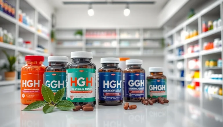 BUY HGH ONLINE with a display of various health supplements on a modern table.