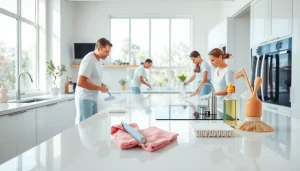kitchen deep cleaning Dubai service in action with professional cleaners sanitizing a modern kitchen