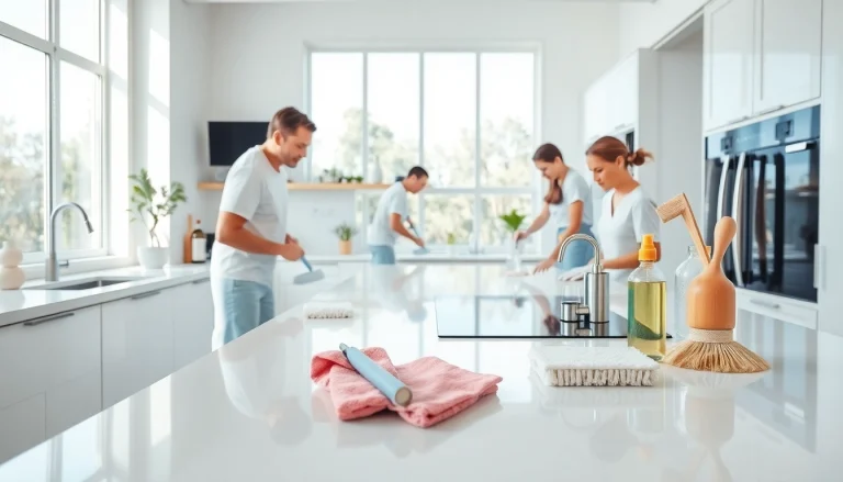 kitchen deep cleaning Dubai service in action with professional cleaners sanitizing a modern kitchen