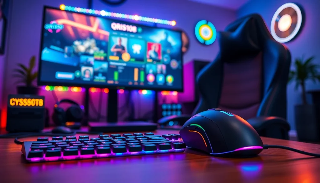QRIS108 Slot menampilkan pengaturan gaming modern dengan keyboard RGB yang menarik.