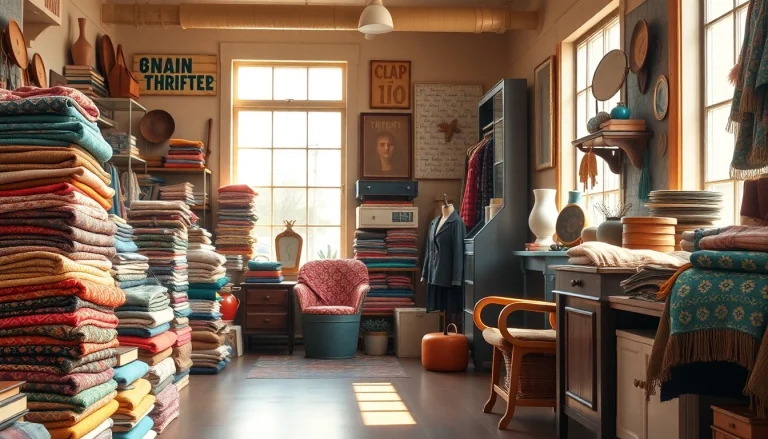 Shop unique vintage finds at https://thrift-vintage.com in a lively thrift store setting.