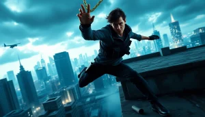 Heroic character in an action thriller scene, dramatically leaping across rooftops.