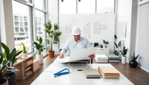 Architect analyzing plans at https://whatalker.com in a bright, modern office setting.