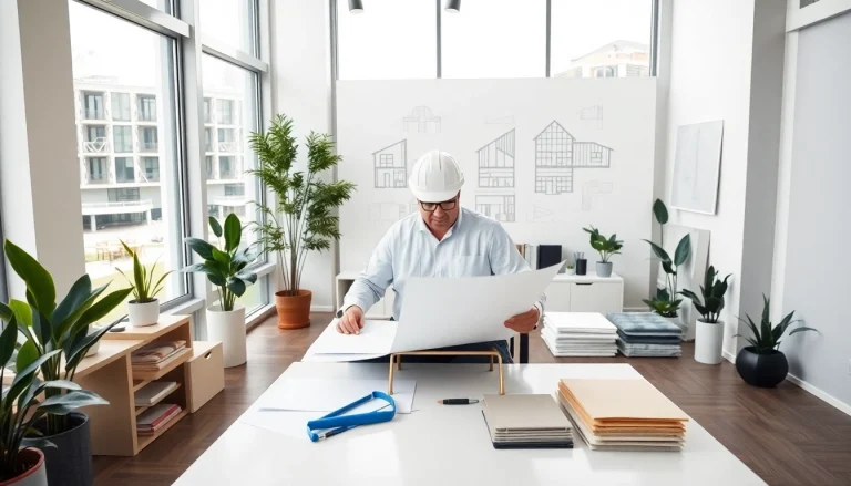 Architect analyzing plans at https://whatalker.com in a bright, modern office setting.