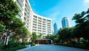 View the modern condominium at https://newdeveloperlaunch.sg surrounded by lush greenery and urban skyline.