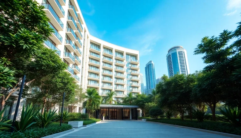 View the modern condominium at https://newdeveloperlaunch.sg surrounded by lush greenery and urban skyline.