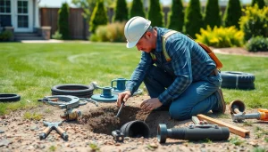 Technician performing sewer repair durham services outdoors, focusing on a residential sewer system.