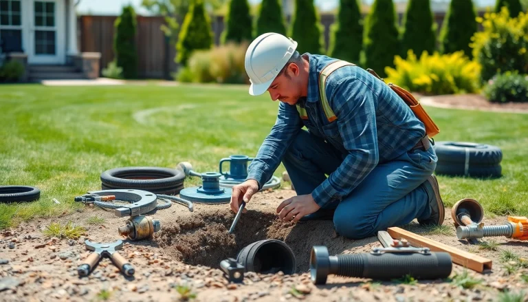 Technician performing sewer repair durham services outdoors, focusing on a residential sewer system.