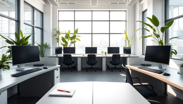 Efficiency and comfort at a typing center with ergonomic desks and bright design.