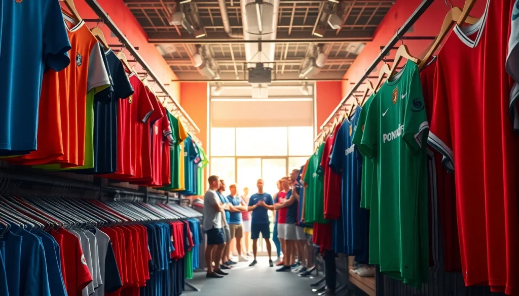 Showcase of vibrant football kits displayed in a sports shop, highlighting various styles and colors.