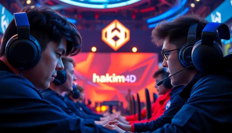 Bermain hakim4d game dengan fokus di arena esports yang penuh semangat dan warna-warna cerah.